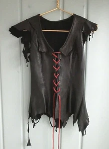 Black Leather Distressed Lace Up Corset Pirate Renaissance Halloween Costume - Picture 1 of 8