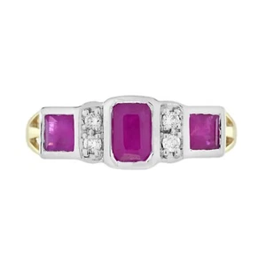 9K Yellow Gold Ruby Diamond Art Deco Style Three Stone Ring - Picture 1 of 11