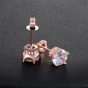 925 Sterling Silver Post Crown Round Cut CZ Crystal Stud Earrings Rose Gold 7mm - Picture 1 of 5