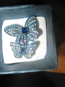 Double Butterfly Blue & White Topaz Silver Ring Size 7 - Picture 1 of 9