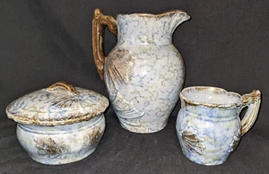 Antique Roseville Blue Cornelian Spongeware Pitcher, Shaving Mug, Powder Box Set - Picture 1 of 10