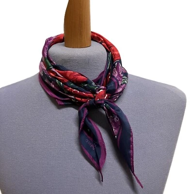 Vera Neumann Floral Print Silky Scarf Blue/Purple Vtg Hair Bow Tie Headband 64" - Image 1 of 4