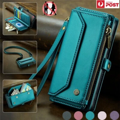 For Samsung S25 S24 Ultra Plus S23 S22 S21 Zip Wallet Case Leather Cover w/Strap - image 1 of 4