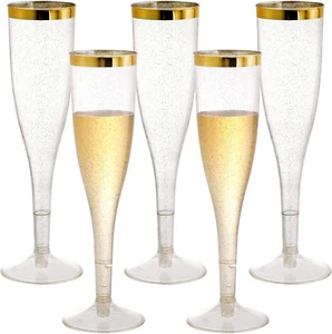 50 Pack 6.5 Oz Disposable Plastic Champagne Flutes with Gold Glitter and Gold Ri - Picture 1 of 6