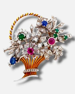 Amazing 18K Gold Ruby Emerald Sapphire Diamond Brooch Pin - Picture 1 of 3