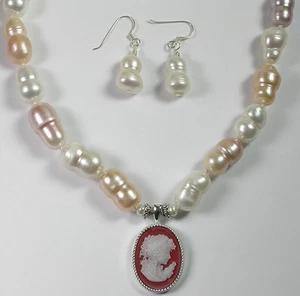 Halskette mit Perlen & Anhänger & Perlenohrring Set Sterlingsilber - Bild 1 von 1
