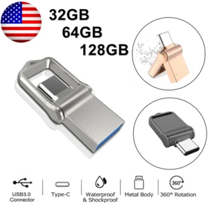 32GB 64GB 128GB Type-C Dual OTG USB 3.0 Flash Drive Waterproof Mini Memory Stick - Picture 1 of 14