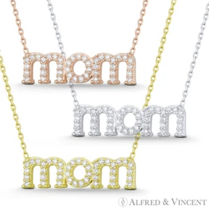 Collar colgante de plata de ley 925 con dije de amor pavé de cristal circonita cúbica con corazón con escritura de mamá - Imagen 1 de 4