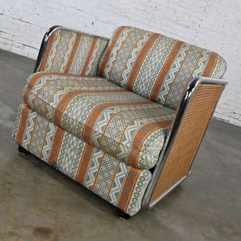 Milo Baughman Chrome & Cane Square Tub Chair Blue Rust Fabric 1438 Thayer Coggin Cover