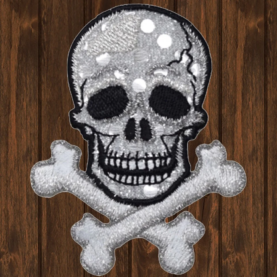 Skull Crossbones Embroidered Patch, Silver — Iron On - Image 1 of 1