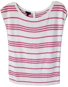 Talbots Cap Sleeve Sweater Size M White Pink Stripe Back Buttons Round Neck - Picture 1 of 6