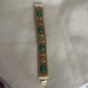 Vintage Jade farbiger Stein 3 Strang Mesh Armband goldfarben 6,5" Goldette unmarkiert - Bild 1 von 7