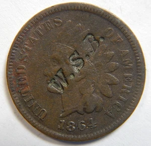 Indian head cent/penny 1864-L doubled 18 counterstamp W.S.B. - Picture 1 of 3