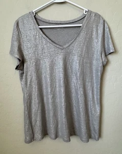 Eileen Fisher Silver Gray Metallic Linen Short Sleeve Loose Drape Tee Shirt Sz S - Picture 1 of 7
