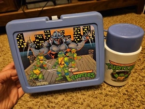 Teenage Mutant Ninja Turtles Lunchbox 1990 blau TMNT mit THERMOSKANNE!  - Bild 1 von 4