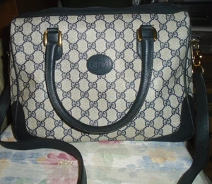 Bolso Cartera GUCCI Boston GG Lona Cuero Azul Marino De Colección - Imagen 1 de 20