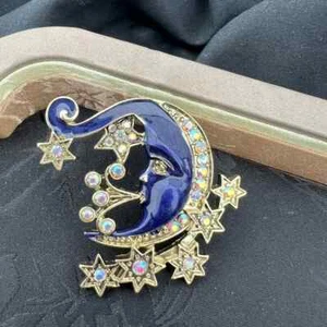 Vintage verträumte süße blaue Emaille Stern Mond Brosche Luxus Schmuck Unisex Abzeichen - Bild 1 von 6