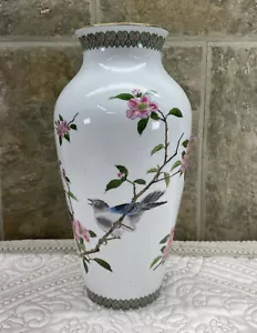 Vintage SHIBATA Japan Vase With Pink Dogwood Blossoms & Blue Bird 11 5/8" - Picture 1 of 7