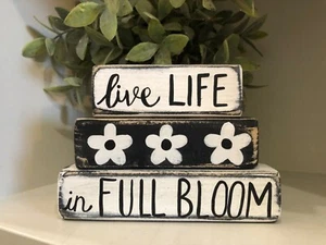 Distressed Live Life In Full Bloom Tiered Tray Shelf Sitter Wood Block Set - Picture 1 of 5