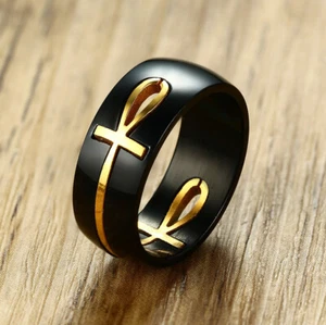 Ankh Egyptian Cross Ring Men Personalized Black Gold Stainless Steel Key of Life - Picture 1 of 9