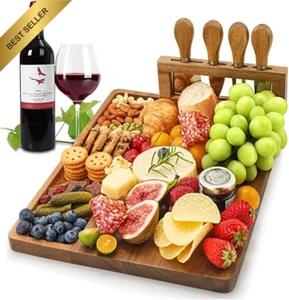 Premium Cheese Board & Knife Set, 14" x 11" Bamboo Charcuterie Board, Serving Pl - Picture 1 of 12