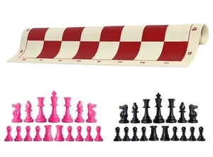 Pink & Black Chess Pieces 20" Red Vinyl Board - Single Weight Chess Set - Picture 1 of 4