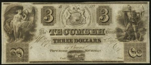 Moneda obsoleta Tecumseh, MI - Banco Tecumseh $3 18__ resto sin circular - Imagen 1 de 2