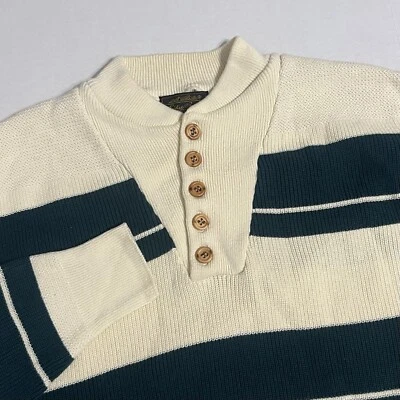 Vintage Eddie Bauer Mens XL Green Ivory Knit Henley Shawl Collar Striped Sweater - Image 1 of 4