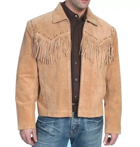 Men Western Cowboy Cognac Buckskin Buffalo Suede Leather Fringe Jacket NL10 - Picture 1 of 6