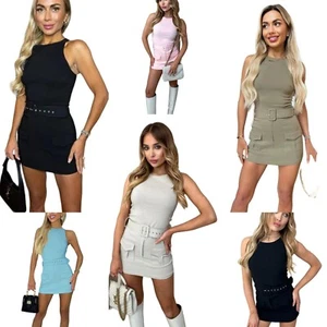 Damen Combat Cargo Tasche Gürtel Skort Overall Damen ärmellos Playsuit Set - Bild 1 von 20