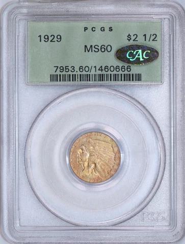 1929 $2.50 Gold Indian | PCGS MS60 Gold CAC | Old Green Label | Quarter Eagle Cover