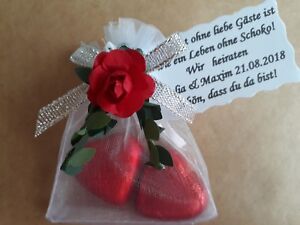 Gatgeschenke Hochzeit mit 2 Schokoladen Herzen,Tischdeko,Spruch mit Name,Datum