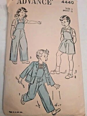 Overalls Bibs Shortalls Jacket Advance Sewing Pattern 4440 Girls Boys 3 VTG Cut  - Image 1 of 4