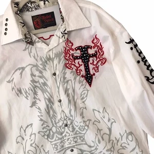 VTG Y2K Rebel Spirit Shirt Embroidered Cross Flames Studded Grunge 90’s Sz 3XL - Picture 1 of 10