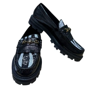 New Kurt Geiger London Women's Black Patent Leather Sequin Zebra Print Loafers - Picture 1 of 10