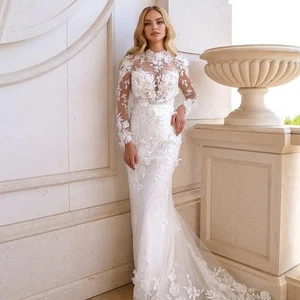Vestidos de novia largos de tul con apliques de encaje de sirena hasta el suelo - Imagen 1 de 12