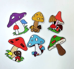 6 Colorful Embroidered Mushroom Patches Cottagecore Fairycore Toadstool Appliqué - Picture 1 of 4