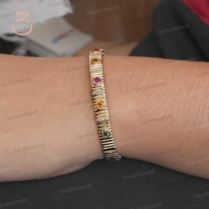 Brazalete Brazalete Oro Amarillo 14k Sólido Zafiro Natural y Joyería Diamante Real - Imagen 1 de 7