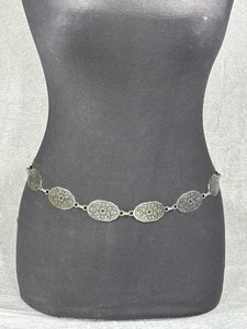 VTG Womens Chain Belt Silver Tone Filigree Oval Medallion Boho Gypsy Adjustable - Picture 1 of 8