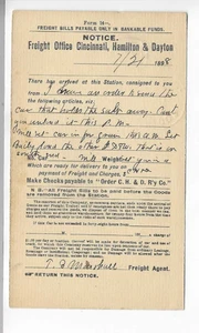 1898-POSTKARTE-GÜTERAMT-CINCINNATI, HAMILTON & DAYTON RAILWAY-OHIO - Bild 1 von 2