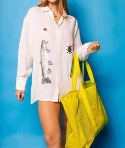 Queen Of Sparkles Fishing Pole Hooked Fish Gauze Button Up Collared Dress Size - Picture 1 of 4