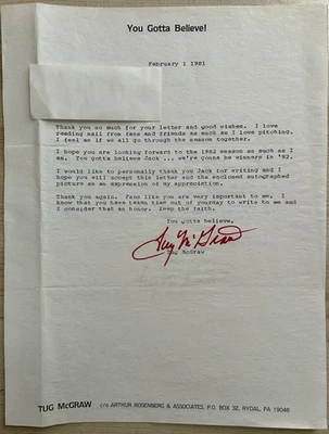 1981 & 1982 Tug McGraw Philadelphia Phillies autographed fan letter - Image 1 of 2