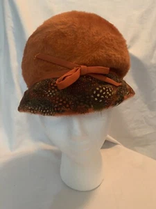 Vintage Boho Fur Hat Coronet Exclusive Burnt Orange Pheasant Feathers - Picture 1 of 6