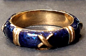 Letter 'X' Band Yellow Gold Plated Blue Enamel Stackable Ring ~ Vintage Sz. 9.5 - Picture 1 of 8
