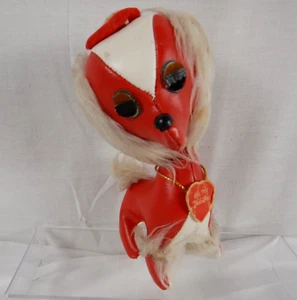 Hundepudel Plüschtier Stofftier rot weiß Vinyl Valentine 6 Zoll ohne Etikett Baskenmütze Vintage - Bild 1 von 11