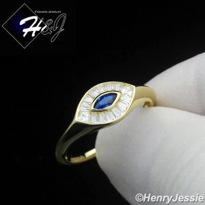 WOMEN 925 STERLING SILVER ICY BLUE CZ GOLD PLATED EVIL EYE ENGAGEMENT RING*GR225 - Image 1 of 4