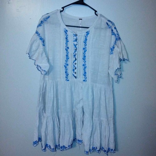 OFF WHITE Mini abito Free People bianco sporco e blu ricamato Santiago Boho S