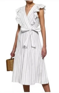 Rebecca Taylor Blue White Stripe Ruffled Tie Waist Cotton Midi Tiered Dress 12 - Picture 1 of 10