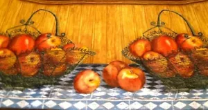 75 ft Wallpaper Border Country Apples Apple Wire Baskets Blue Check Tablecloth - Picture 1 of 1