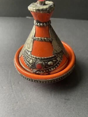 Especiarias marroquinas cerâmica metal incrustado suporte decorativo laranja queimado vintage - Imagem 1 de 4